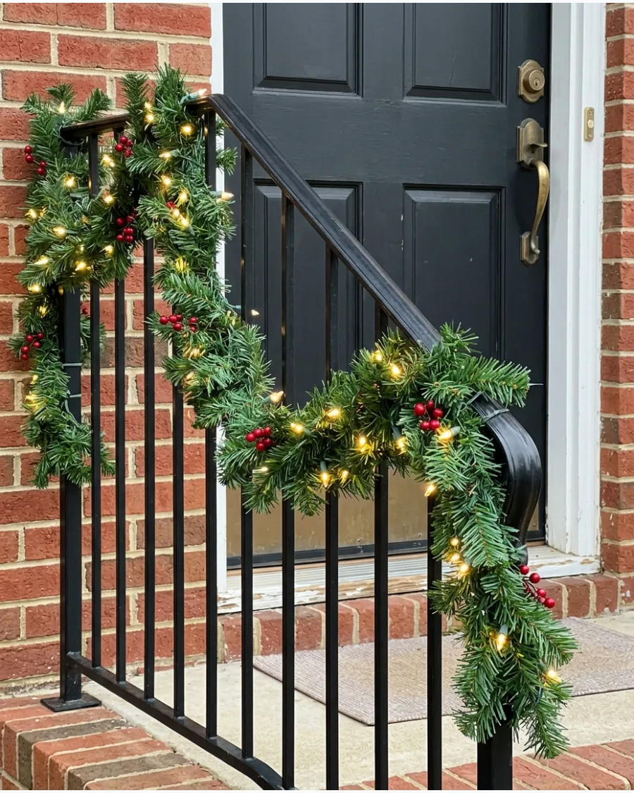 46. DIY Lighted Evergreen Stair Garland