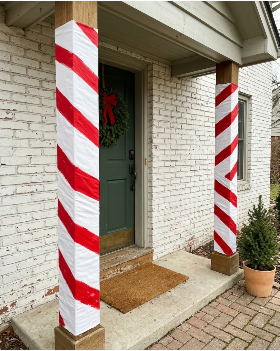 47. DIY Giant Candy Cane Porch Posts