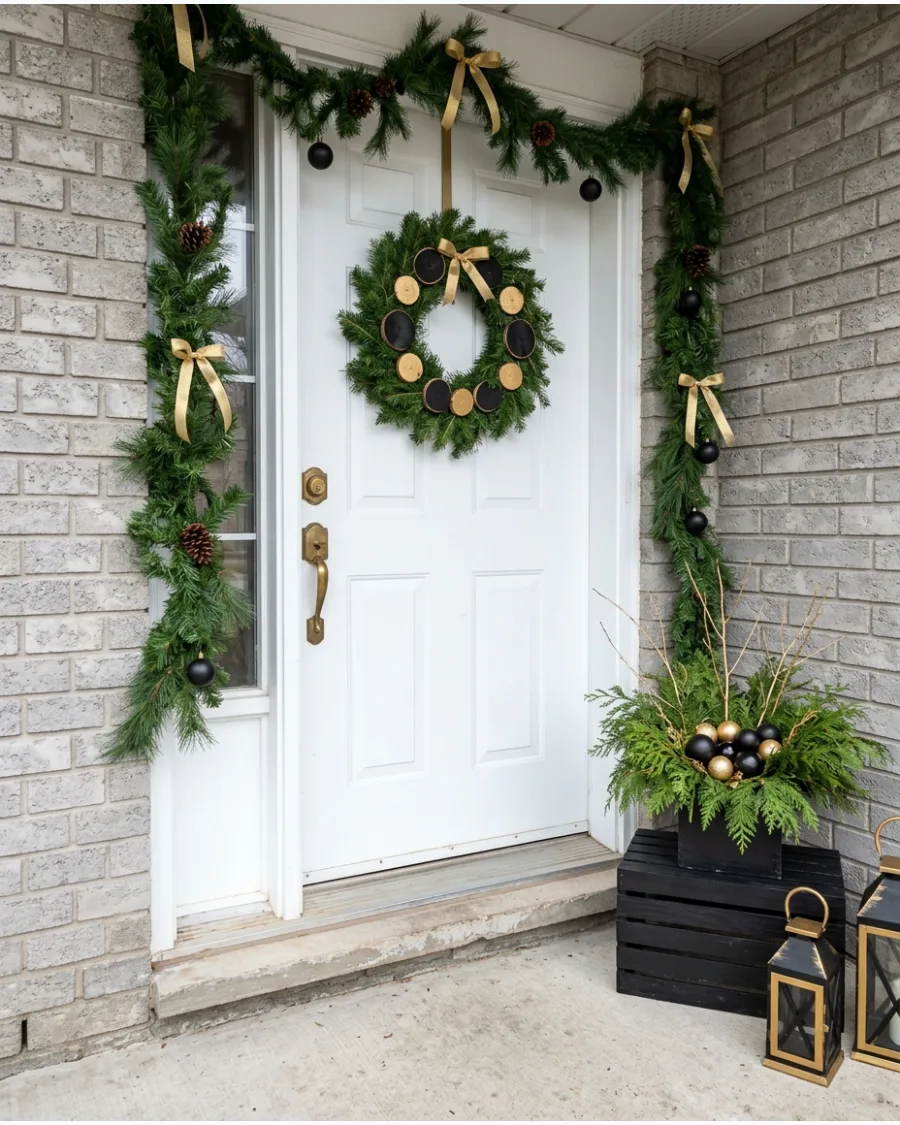 56. DIY Black, Green, and Gold Christmas Porch