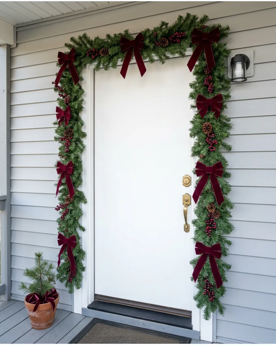 57. DIY Burgundy and Evergreen Christmas Porch