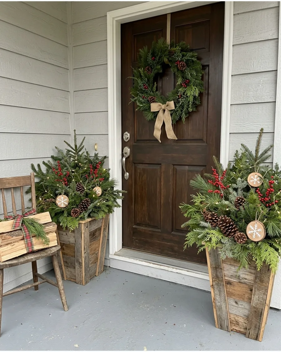 58. DIY Woodland Christmas Porch With Natural Greenery