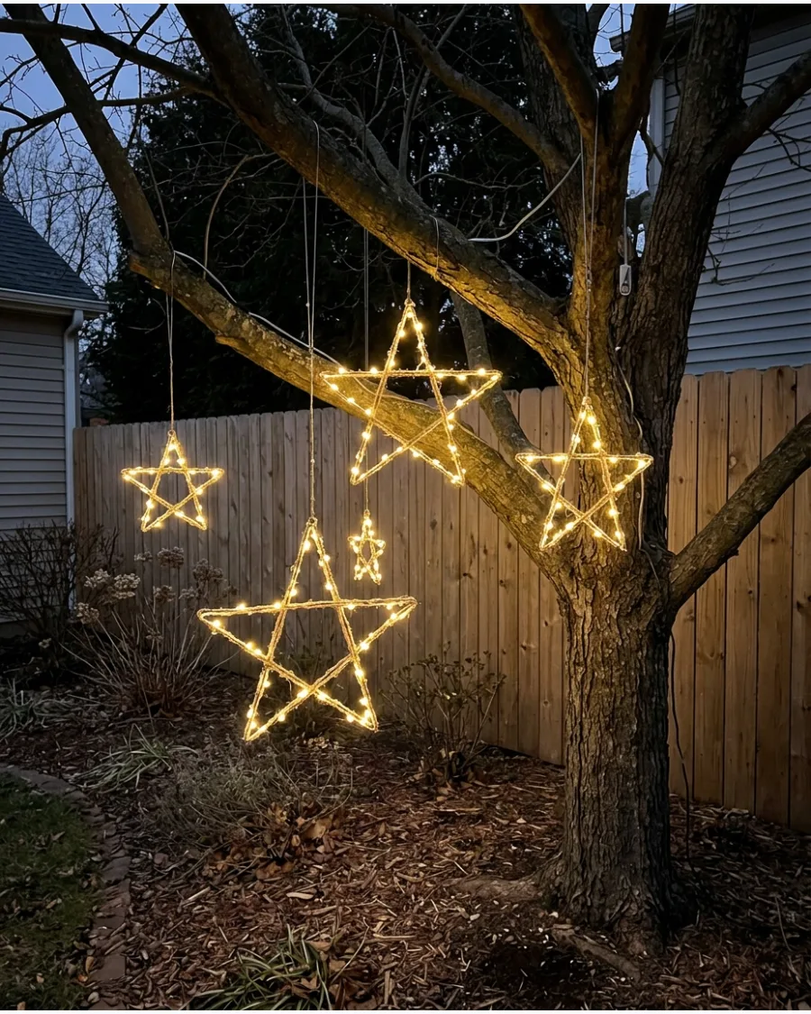 10. Hanging Lighted Stars in Garden Trees