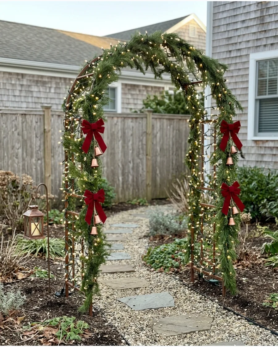 12. Lighted Christmas Archway Over a Garden Path