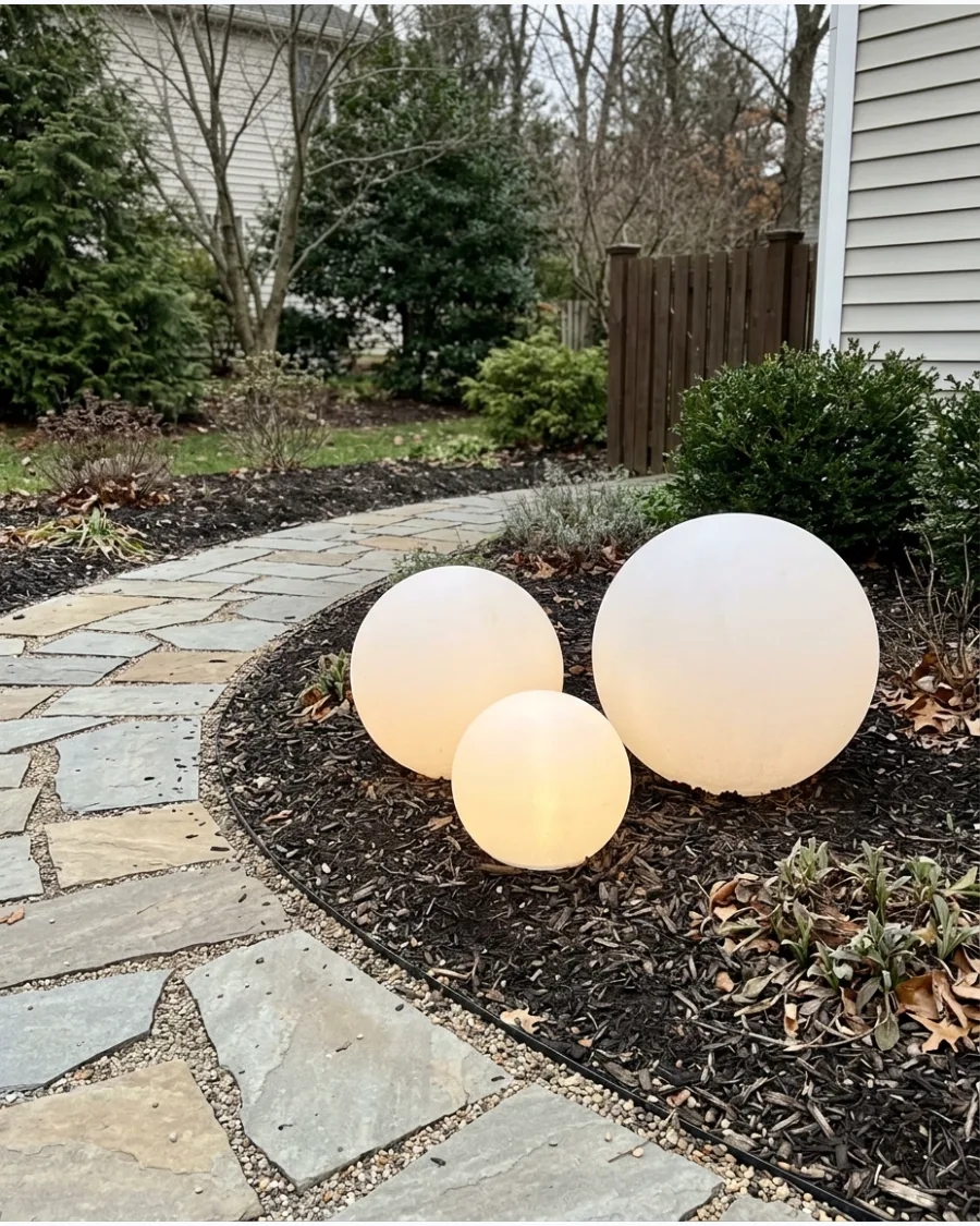 15. Glowing Christmas Orbs Along the Path