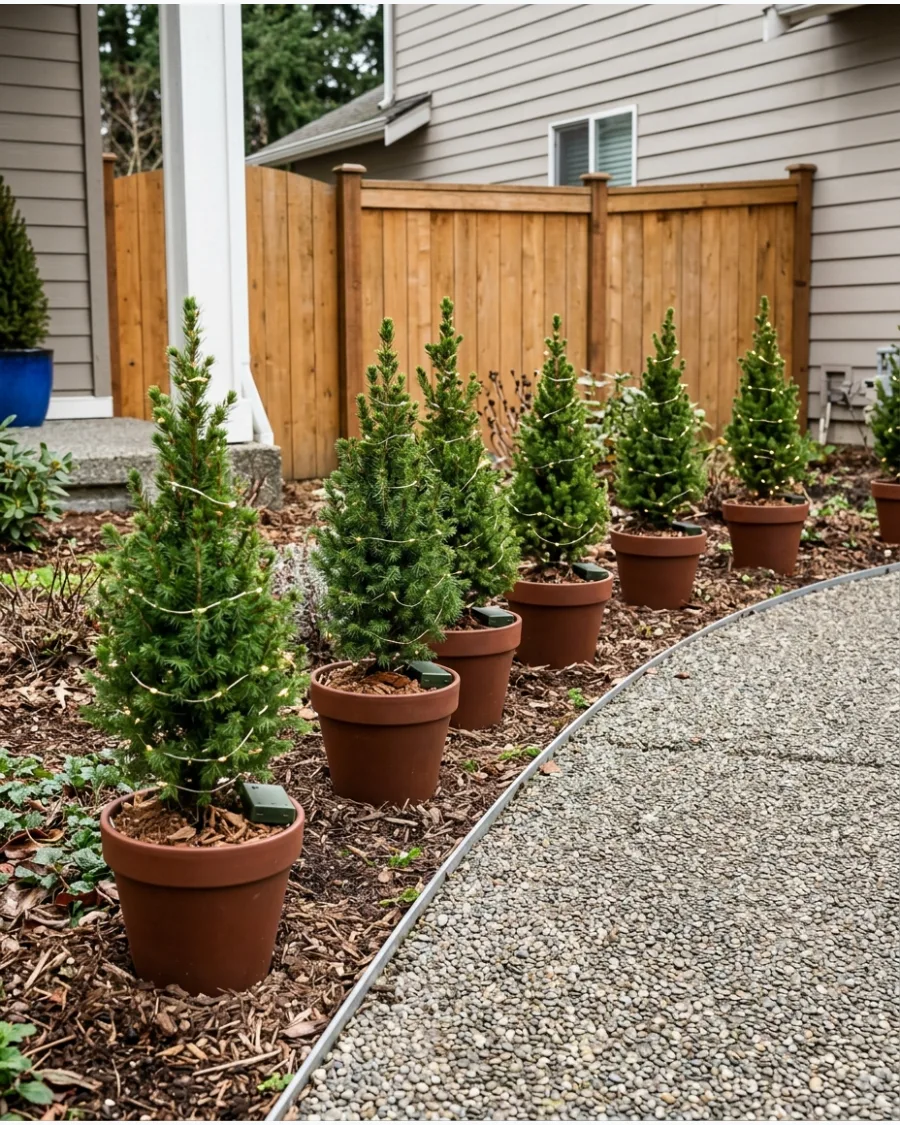 16. Mini Christmas Trees Along a Walkway