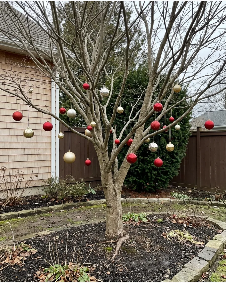 2. Hanging Christmas Ornaments From Bare Trees