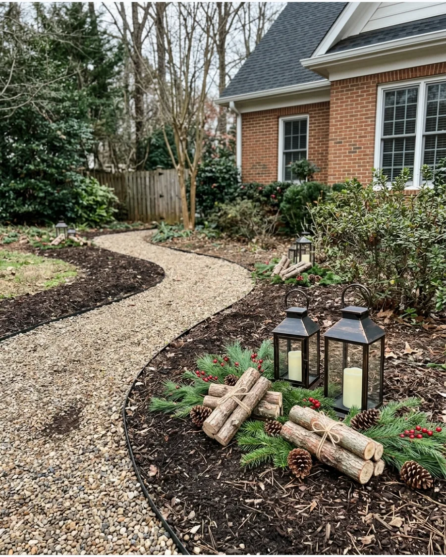 20. Rustic Log and Lantern Christmas Path
