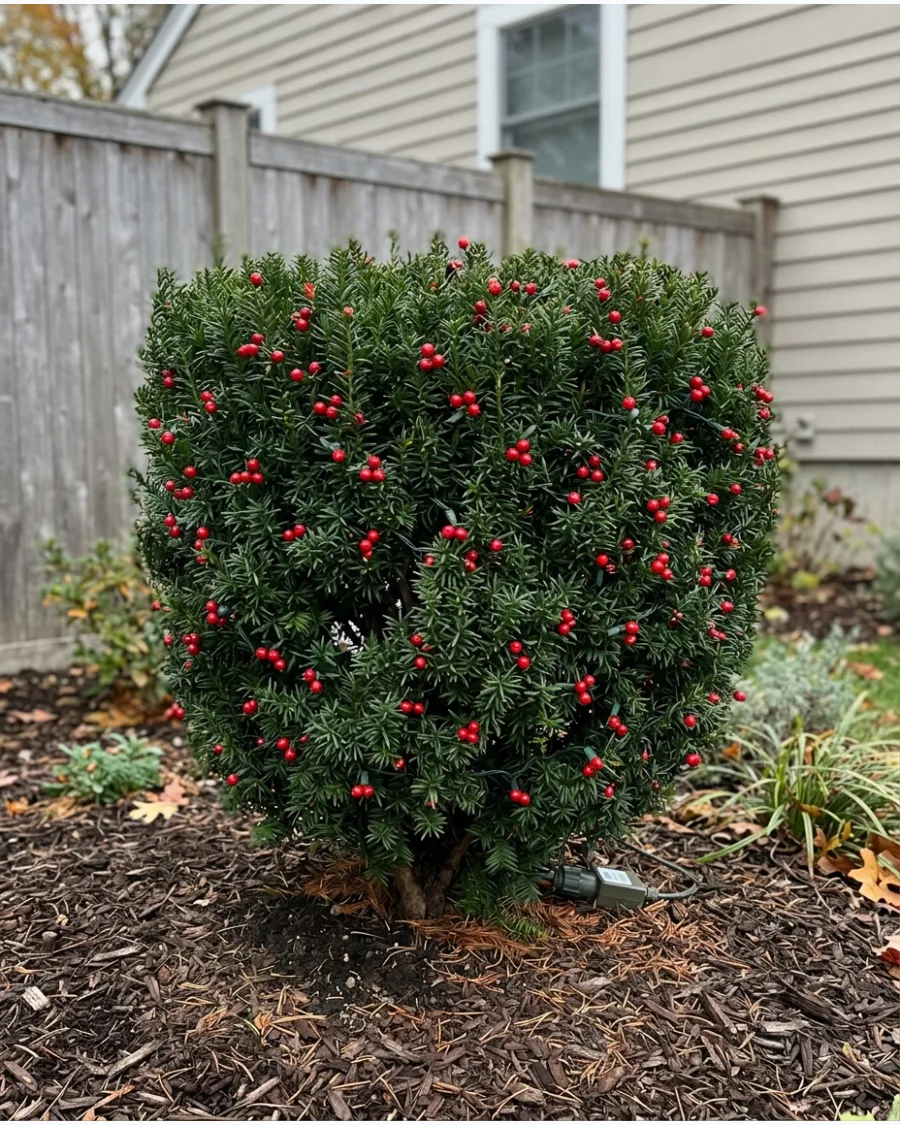 22. Red Berry Lights Through Evergreen Bushes