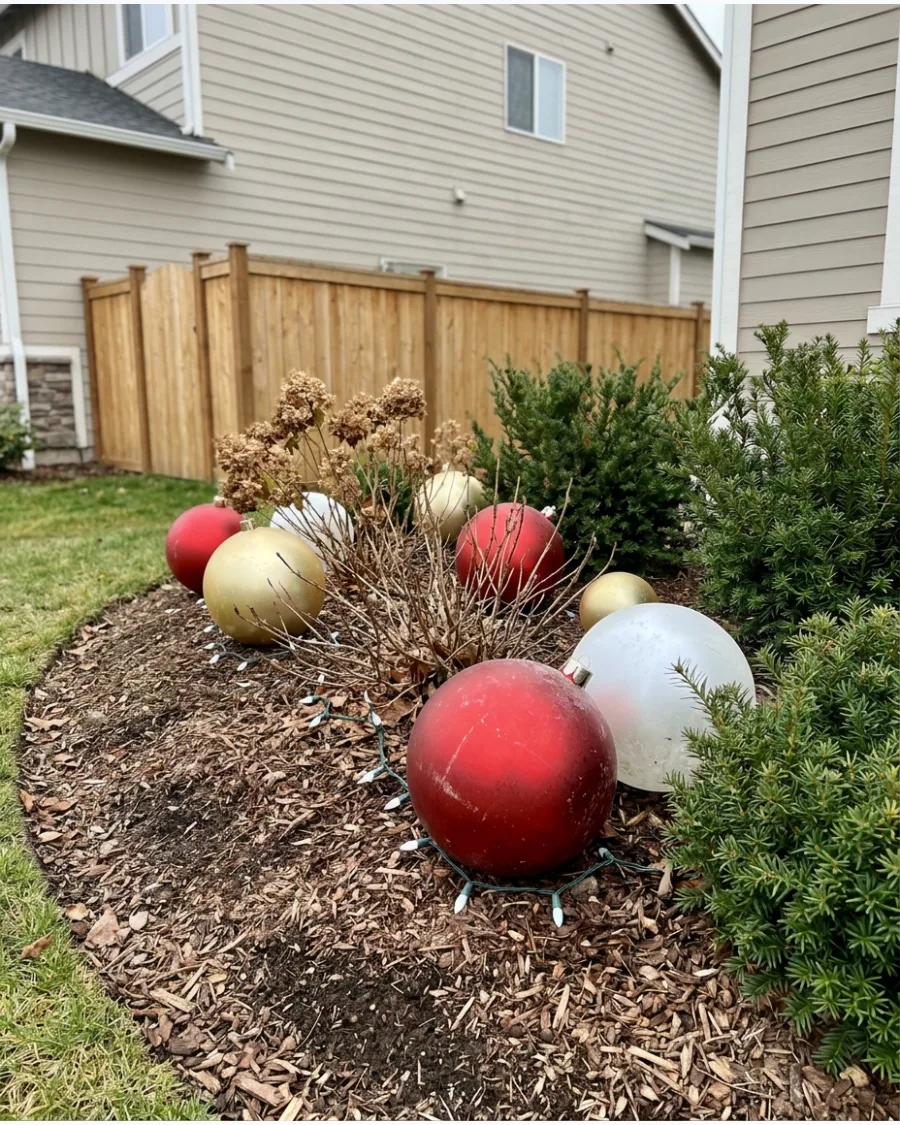 23. Giant Christmas Ornaments in Flower Beds