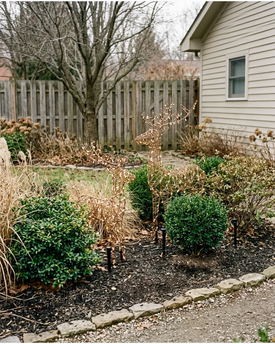24. Lighted Reindeer Among Garden Shrubs