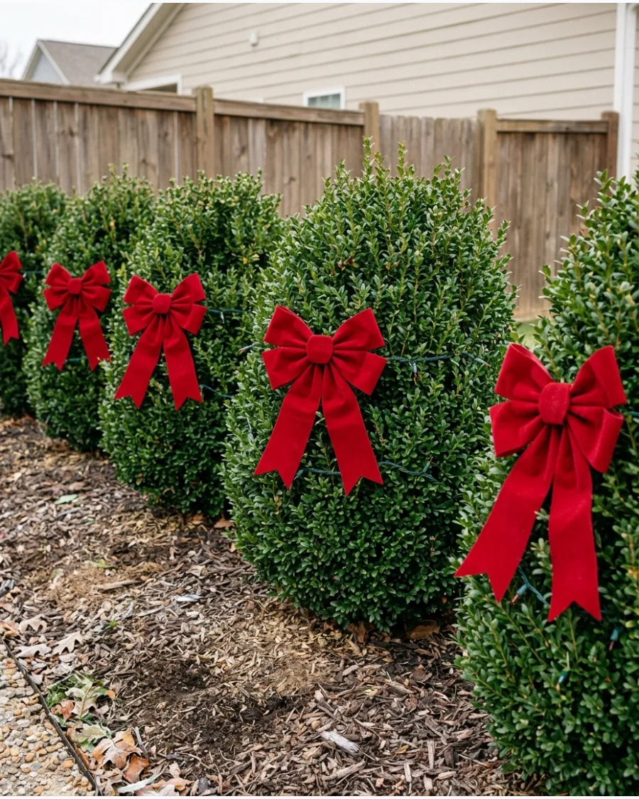 26. Red Christmas Bows on Evergreen Shrubs