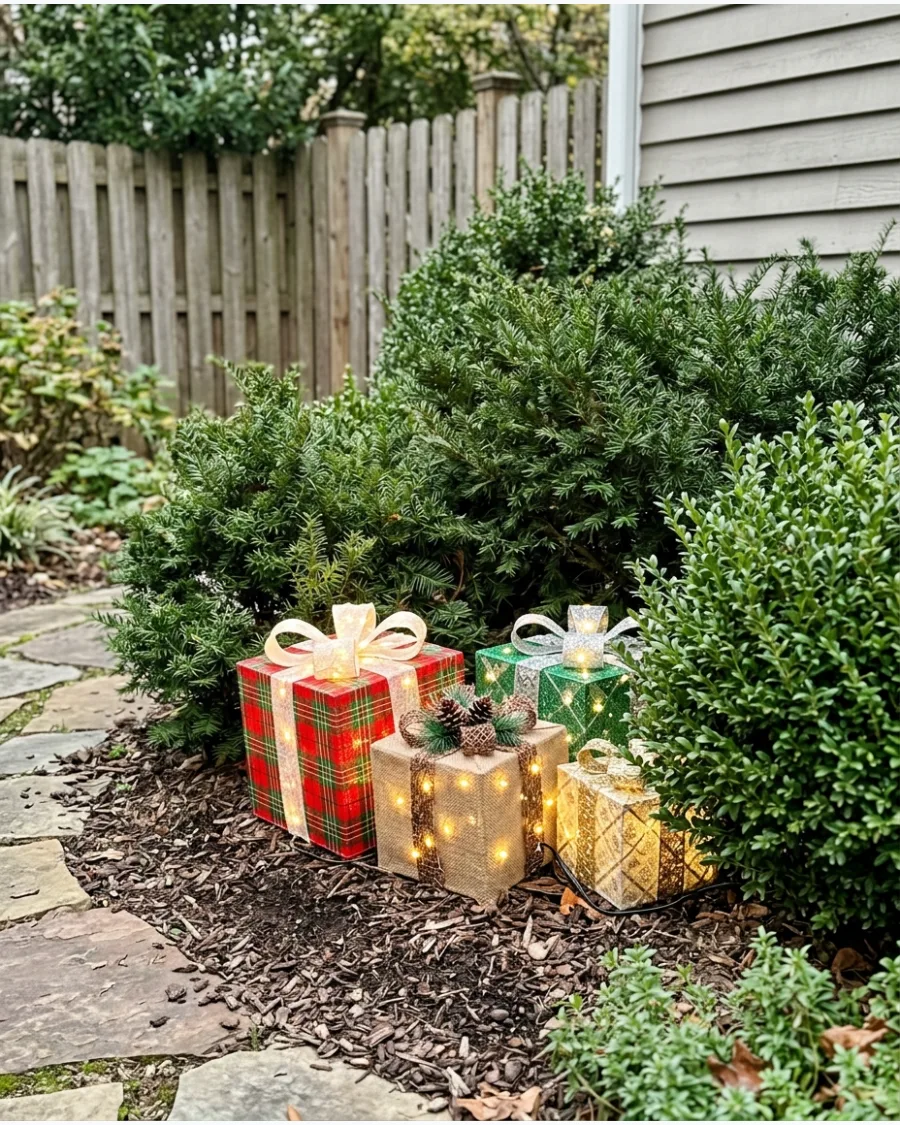 29. Christmas Gift Boxes Hidden Among Shrubs
