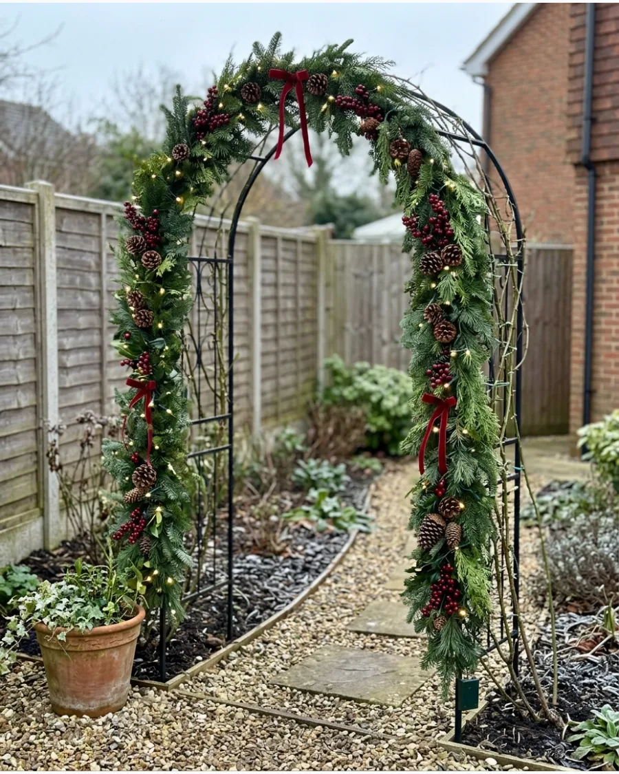 32. Christmas Rose Arch With Evergreen Garland