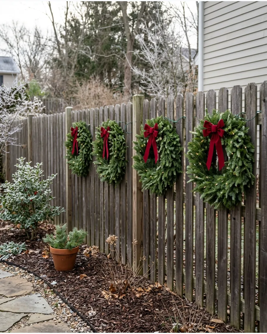 36. Matching Christmas Wreaths on a Garden Fence