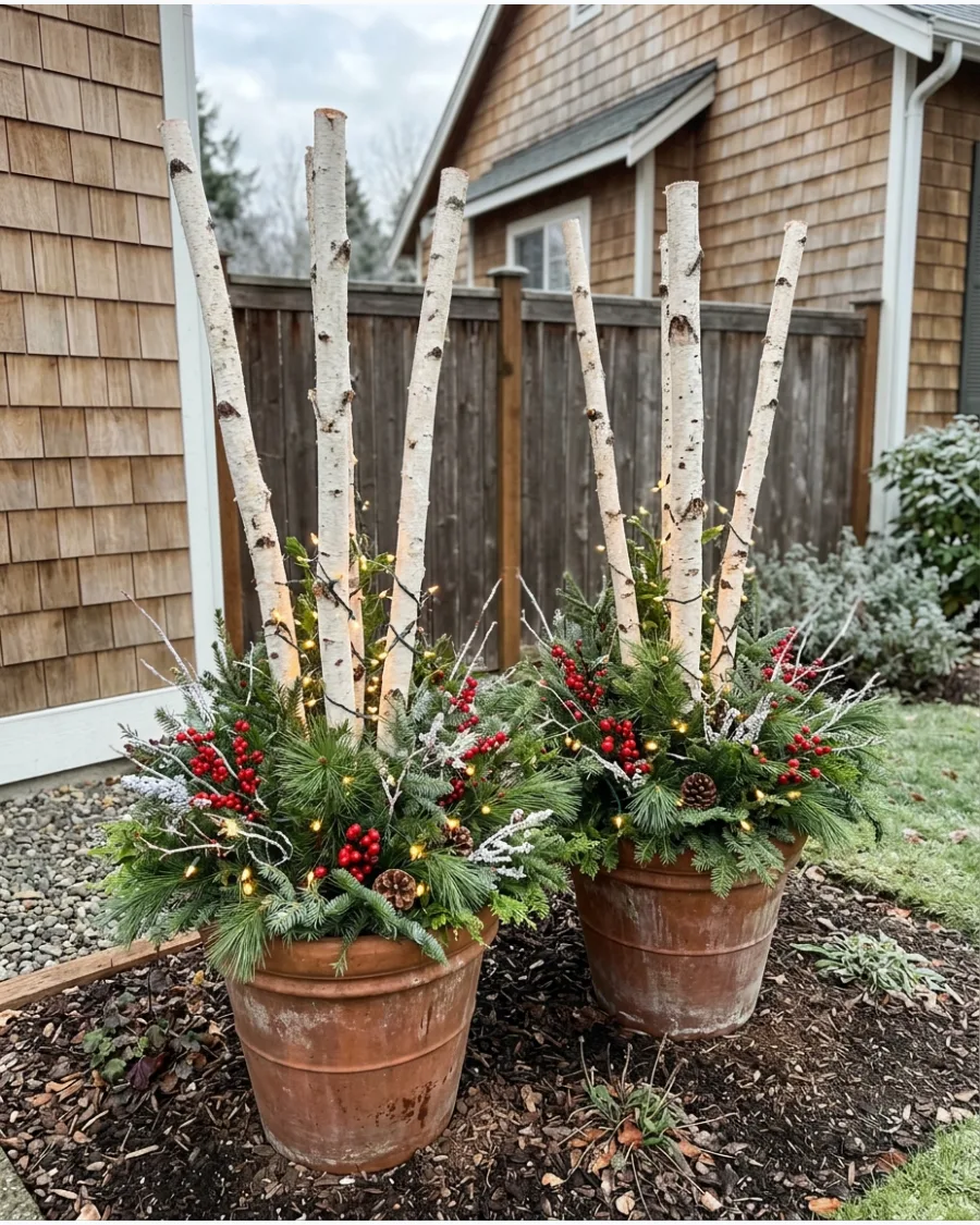 42. Birch Branch Christmas Planters