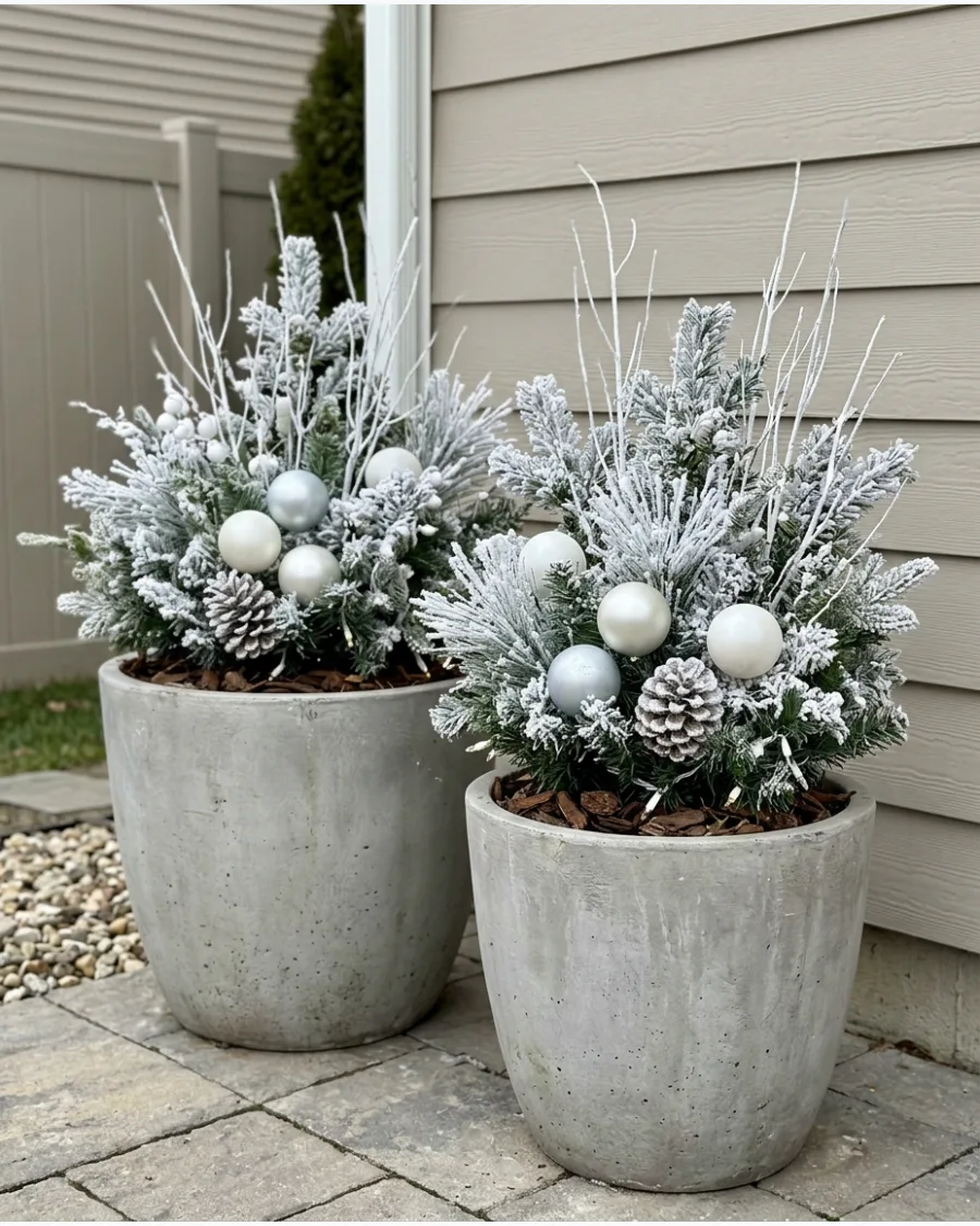 47. Snowy White Christmas Garden Pots