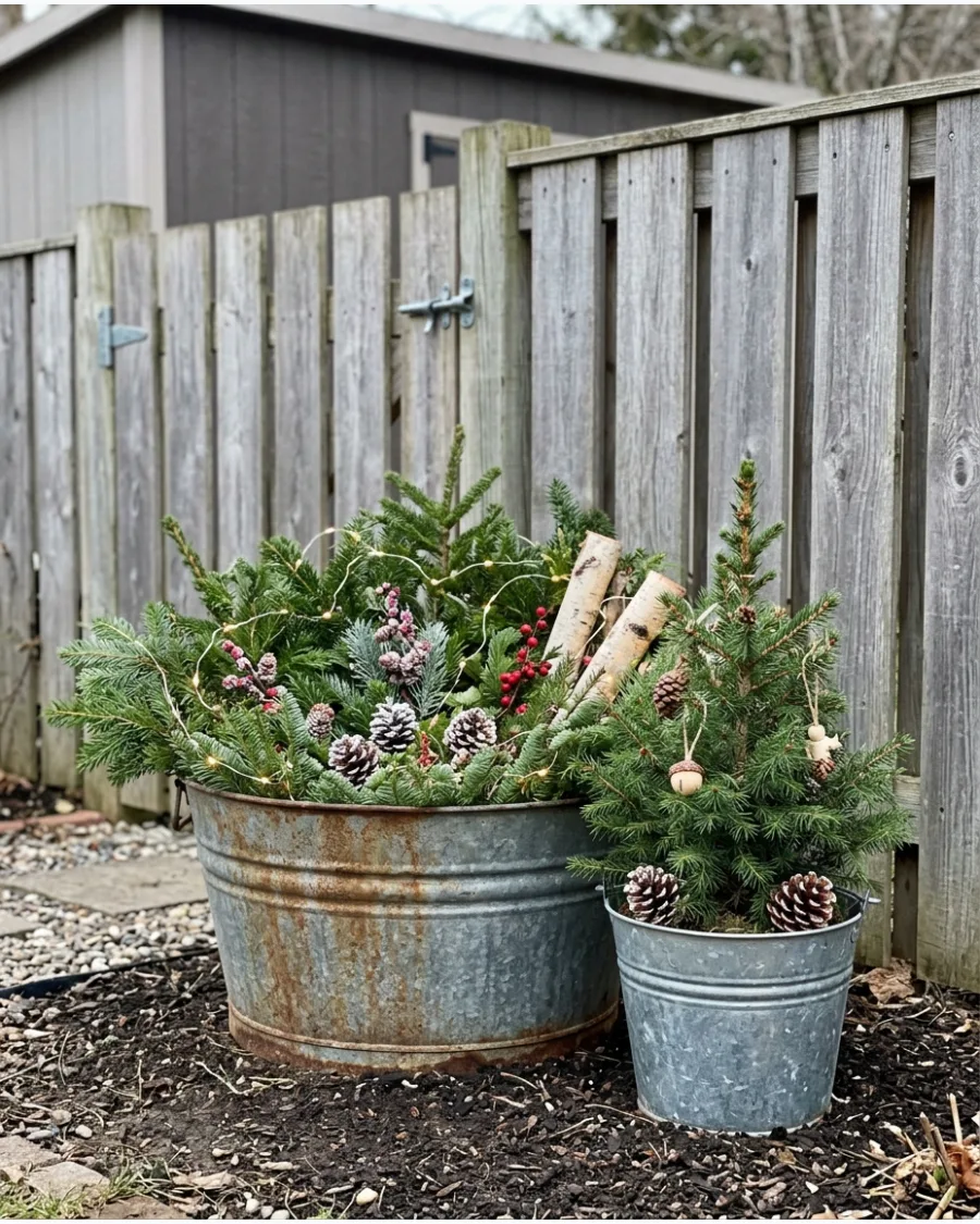 48. Rustic Galvanized Tub Christmas Garden