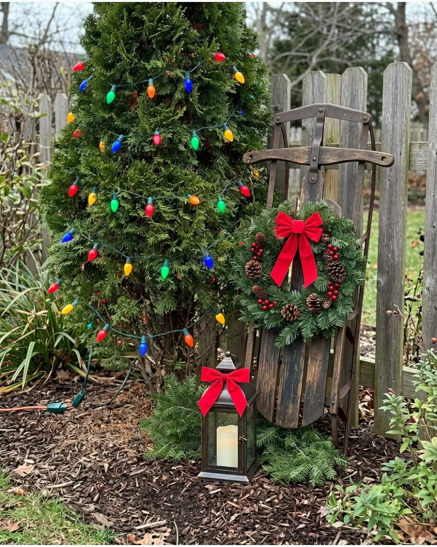 57. Vintage Christmas Garden With Multicolor Lights