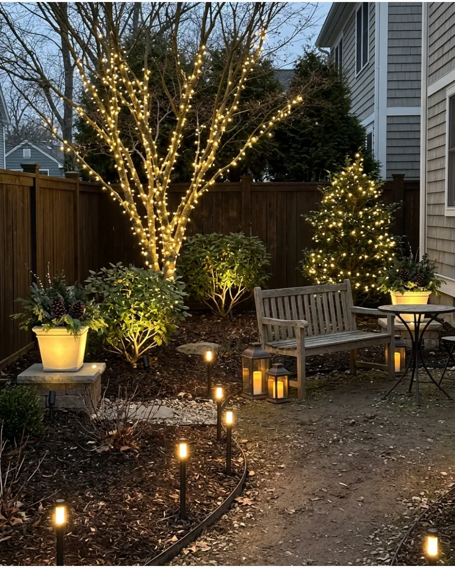 60. Layered Christmas Garden Lighting Display