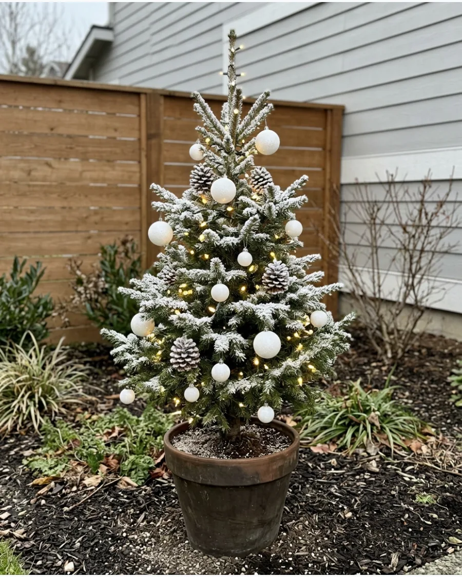 7. Snowy White Garden Christmas Tree
