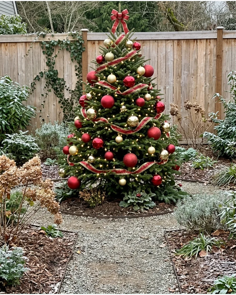 8. Red and Gold Garden Christmas Tree