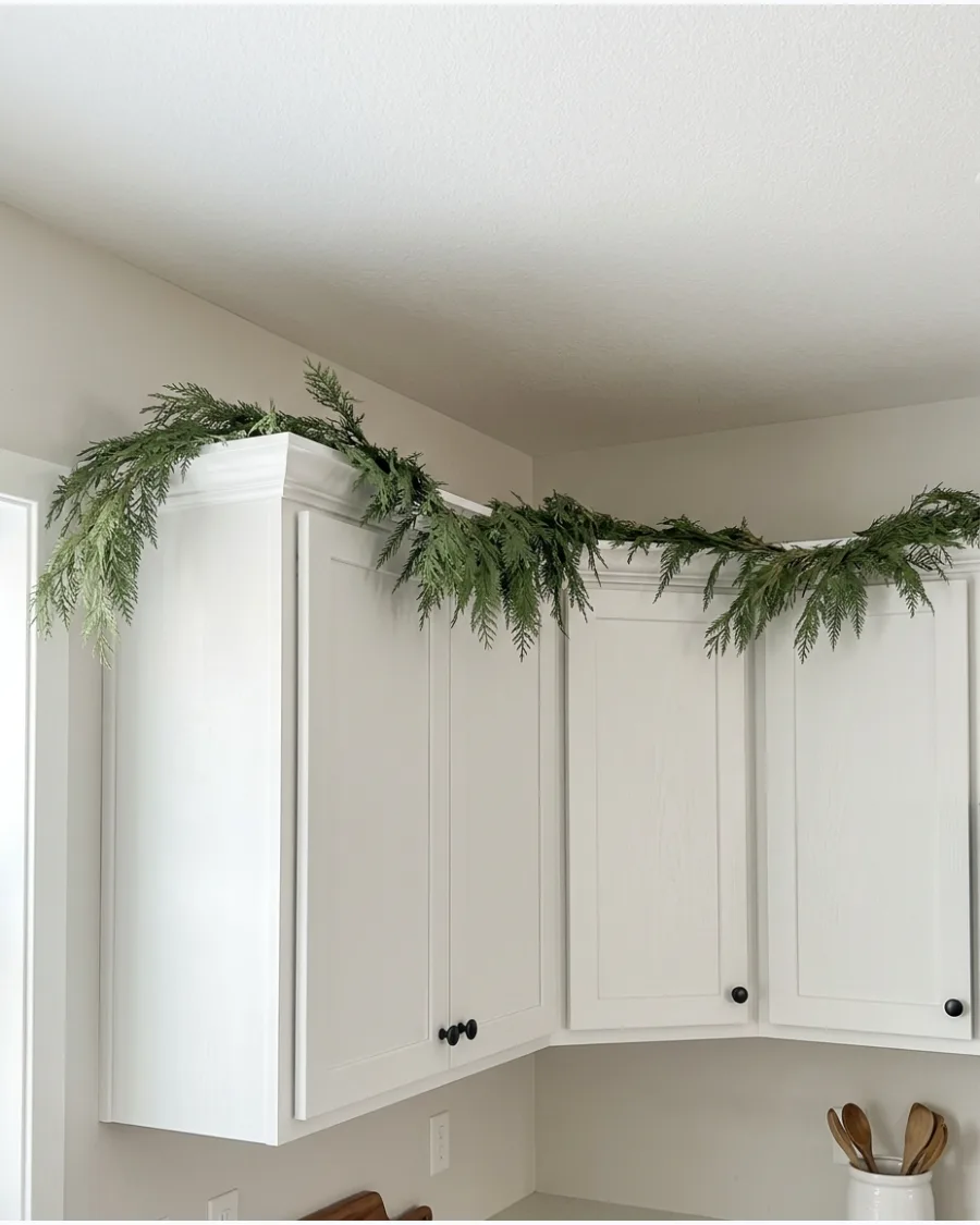 2. Cedar Garland Across the Cabinet Tops