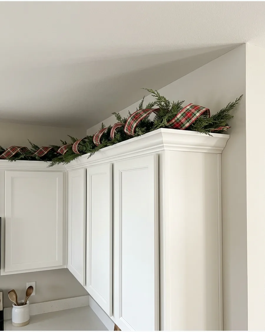 20. Plaid Ribbon Garland Above Cabinets