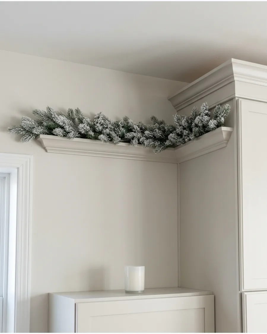 7. Lightly Flocked Garland Above Cabinets
