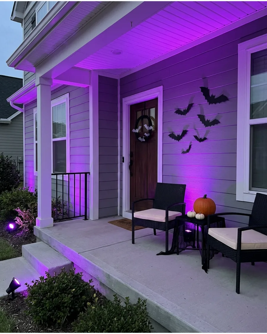 3. Purple-Lit Haunted Porch