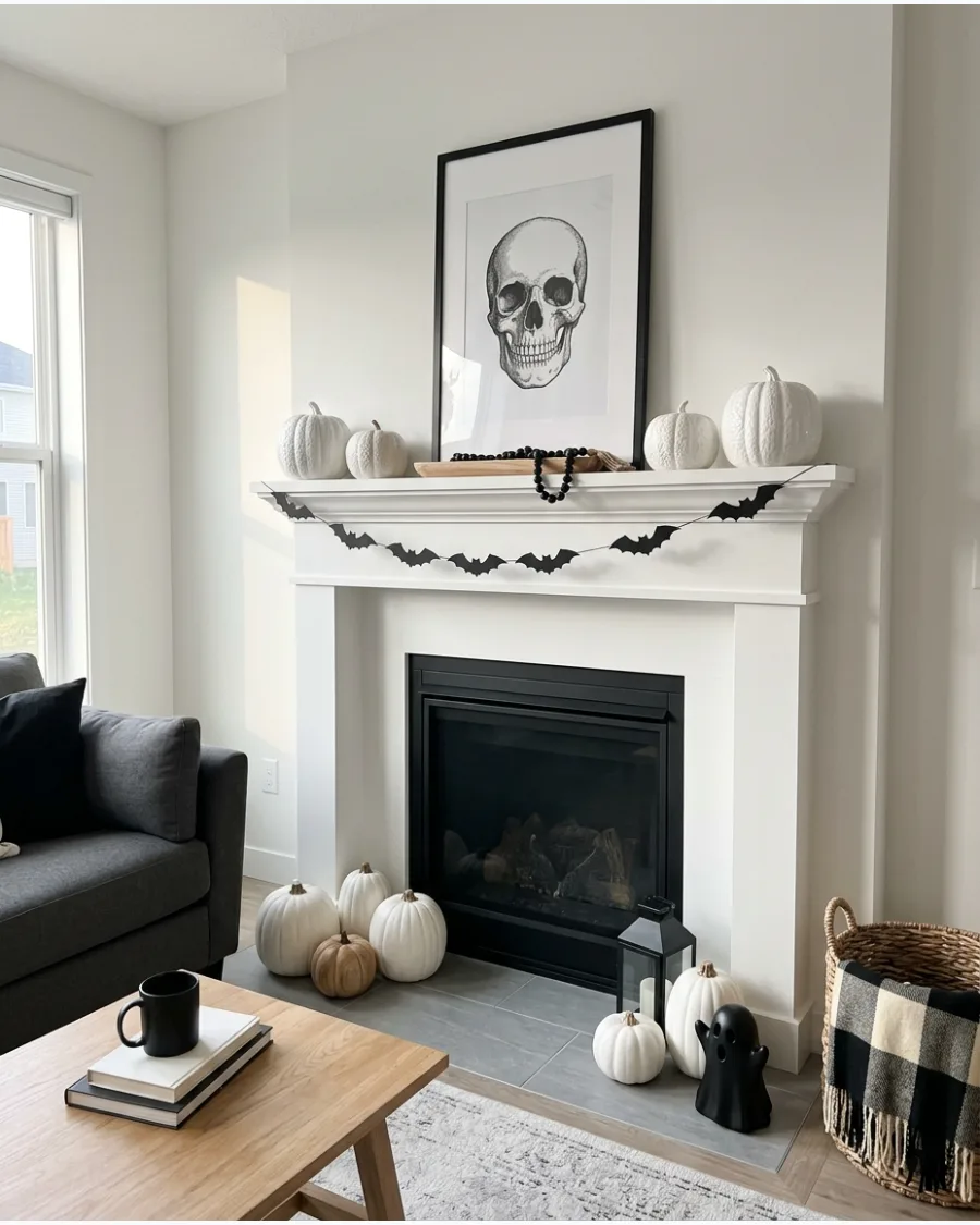 3. Black-and-White Halloween Mantel