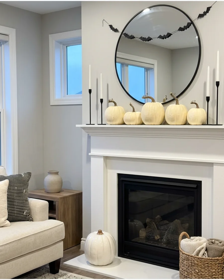 34. White Pumpkin Mantel