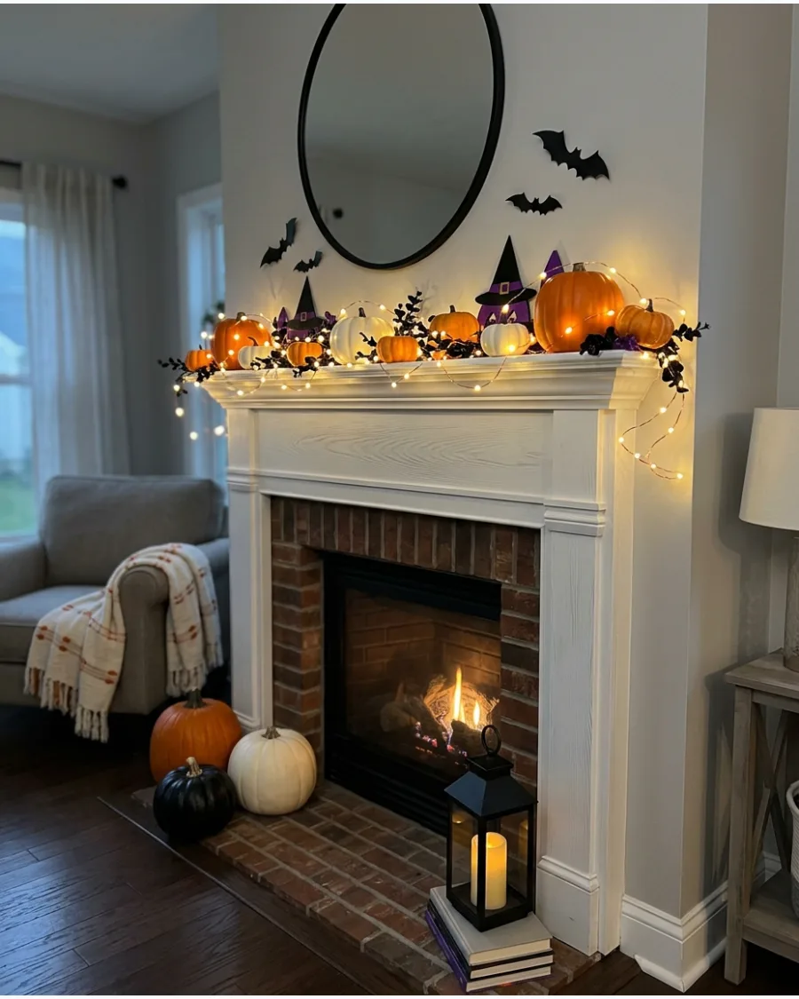8. Halloween Mantel With Fairy Lights