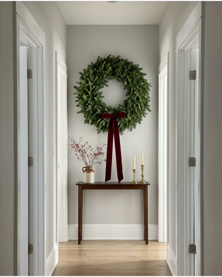 11. Oversized Christmas Wreath on the Hallway Wall