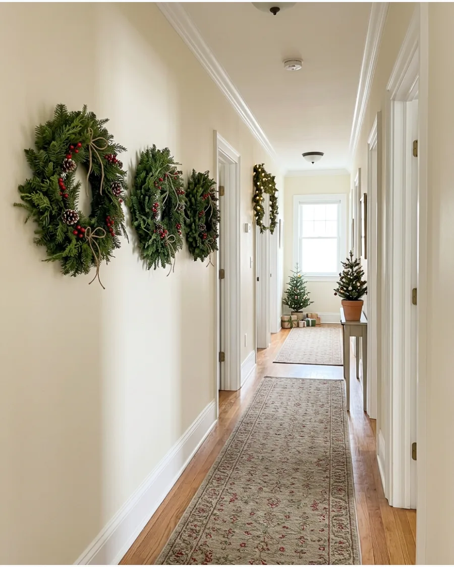 12. Matching Wreaths Along a Long Hallway