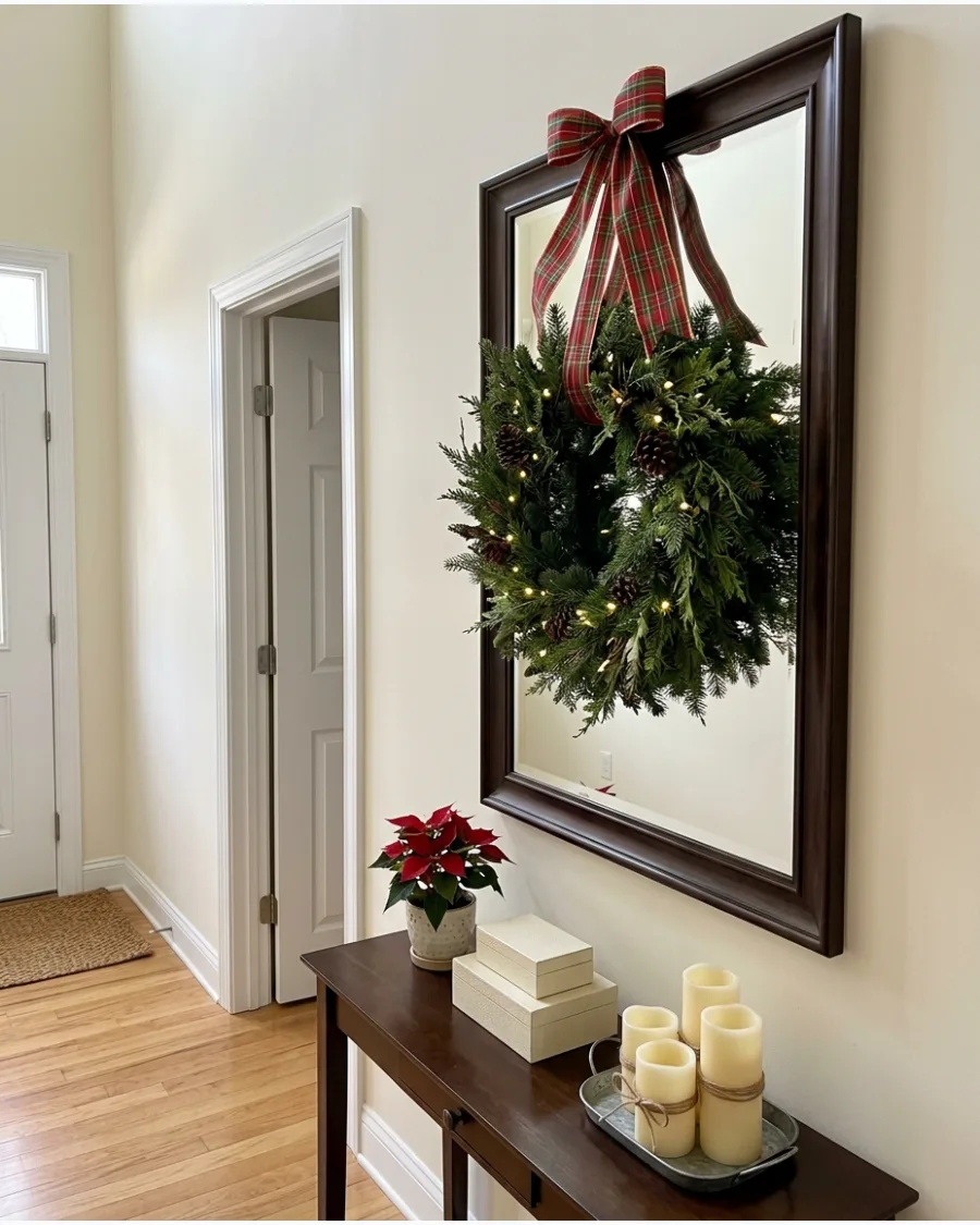14. Christmas Wreath Layered Over a Mirror