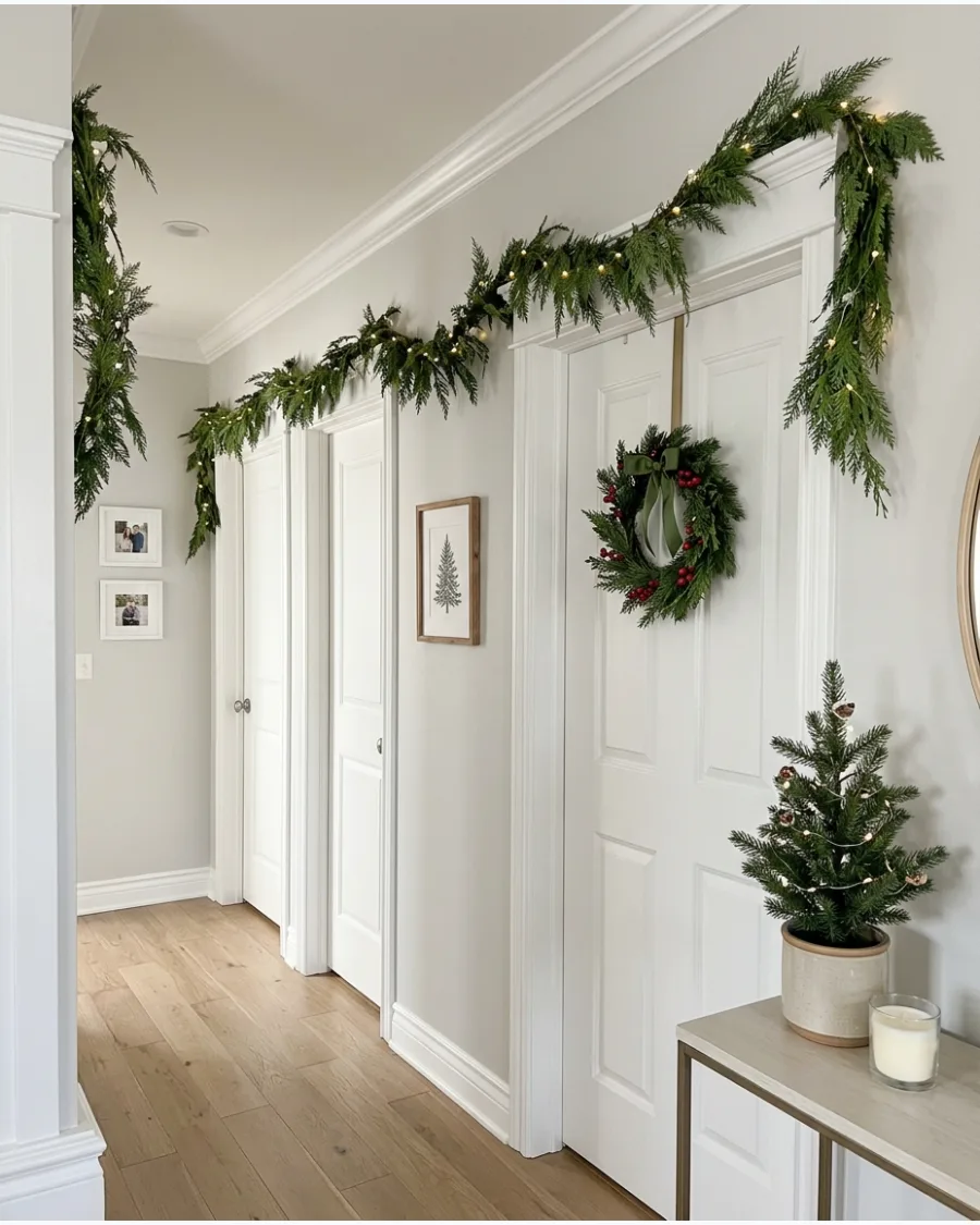 3. Simple Green Garland Along Hallway Trim