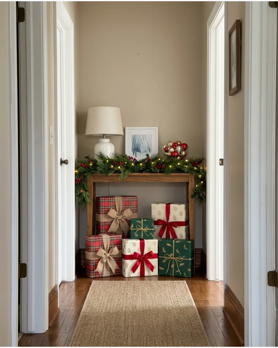 30. Wrapped Gift Display Under the Console