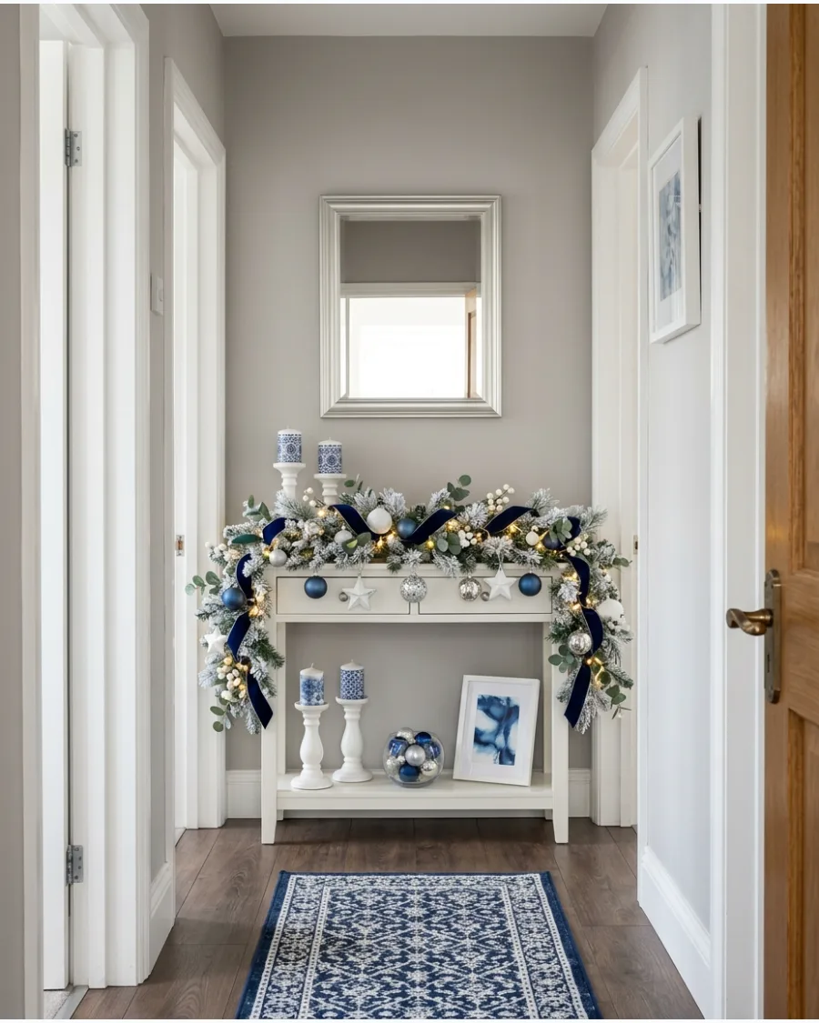 49. Blue and White Christmas Hallway