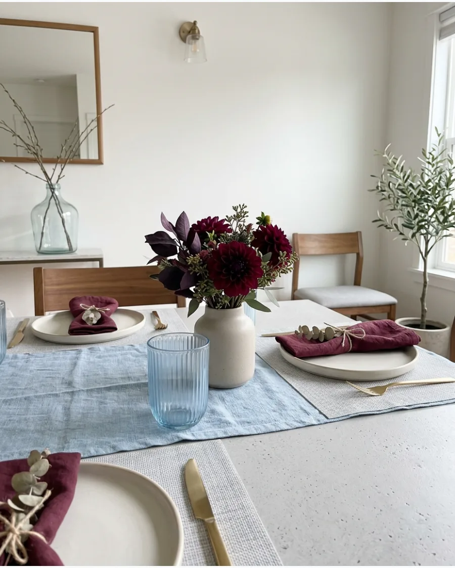 12. Burgundy and Light Blue Thanksgiving Tablescape