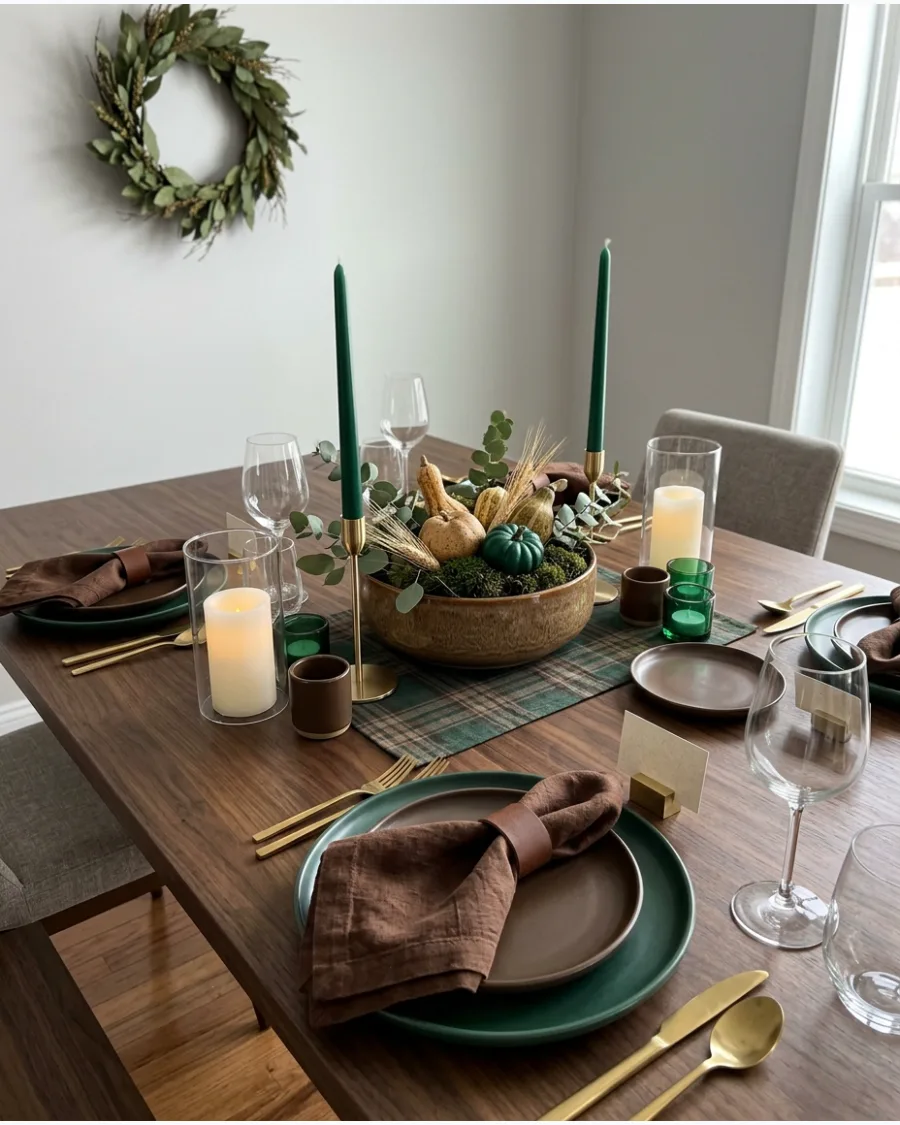 15. Modern Emerald and Brown Thanksgiving Tablescape
