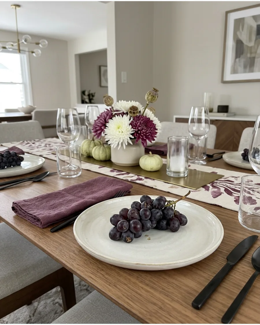 16. Modern Plum Thanksgiving Tablescape