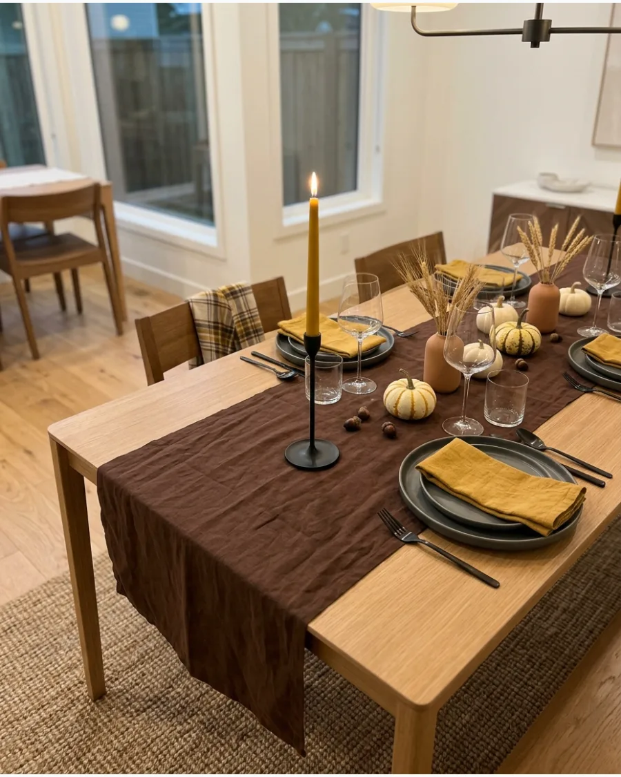 19. Modern Mustard and Chocolate Thanksgiving Tablescape