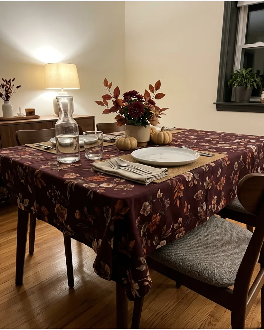 22. Modern Floral Tablecloth Thanksgiving Tablescape