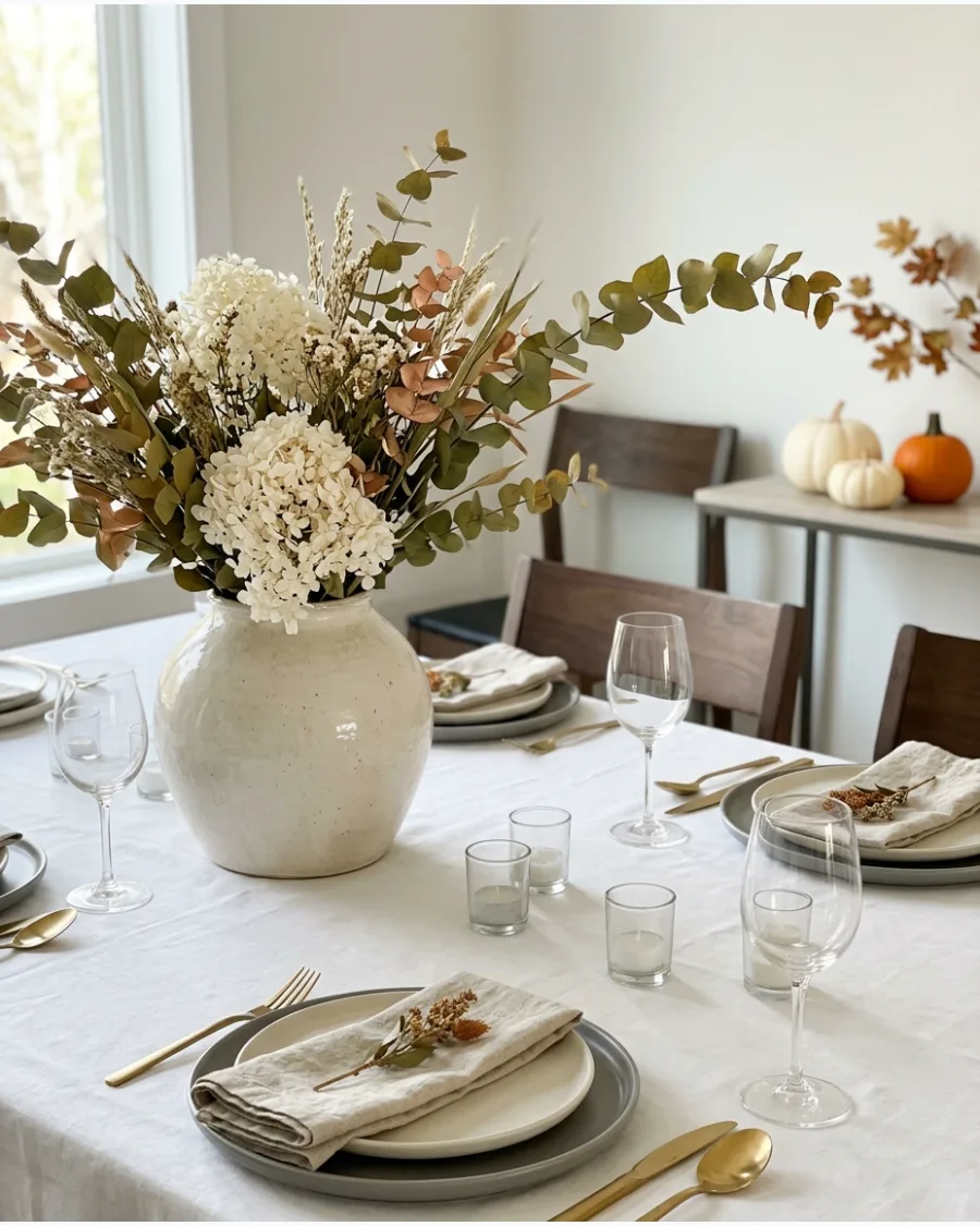 31. Modern Asymmetrical Floral Thanksgiving Tablescape