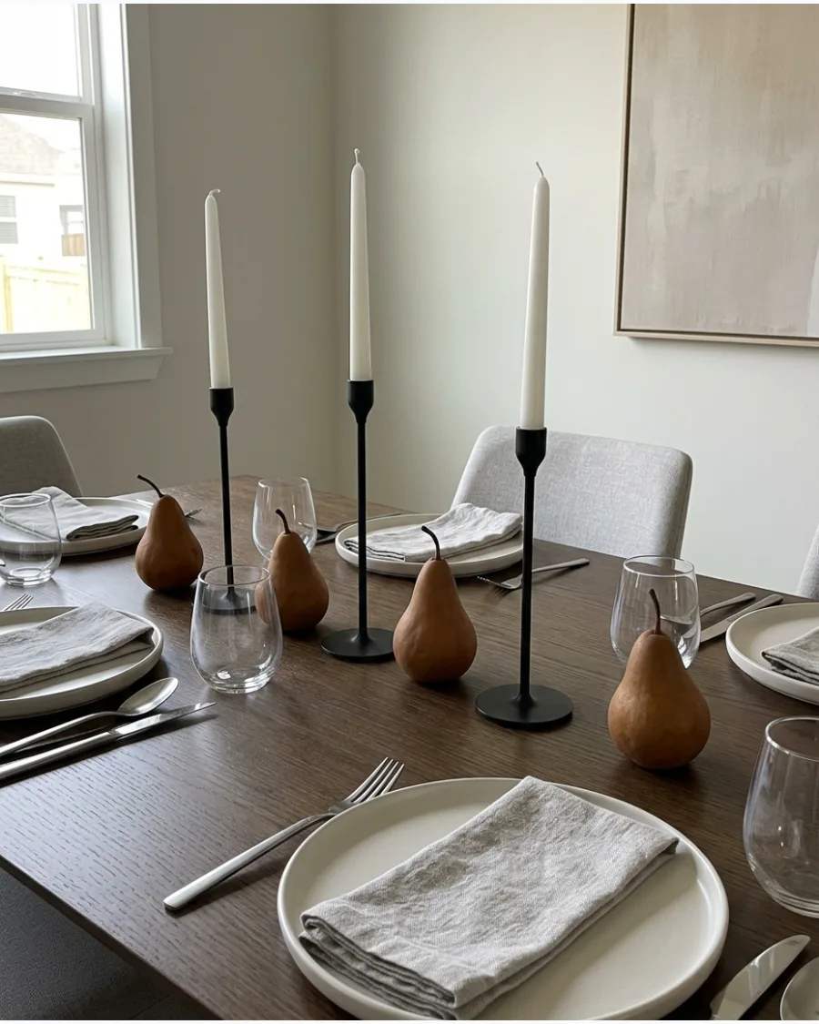 36. Modern Pear and Candle Thanksgiving Tablescape