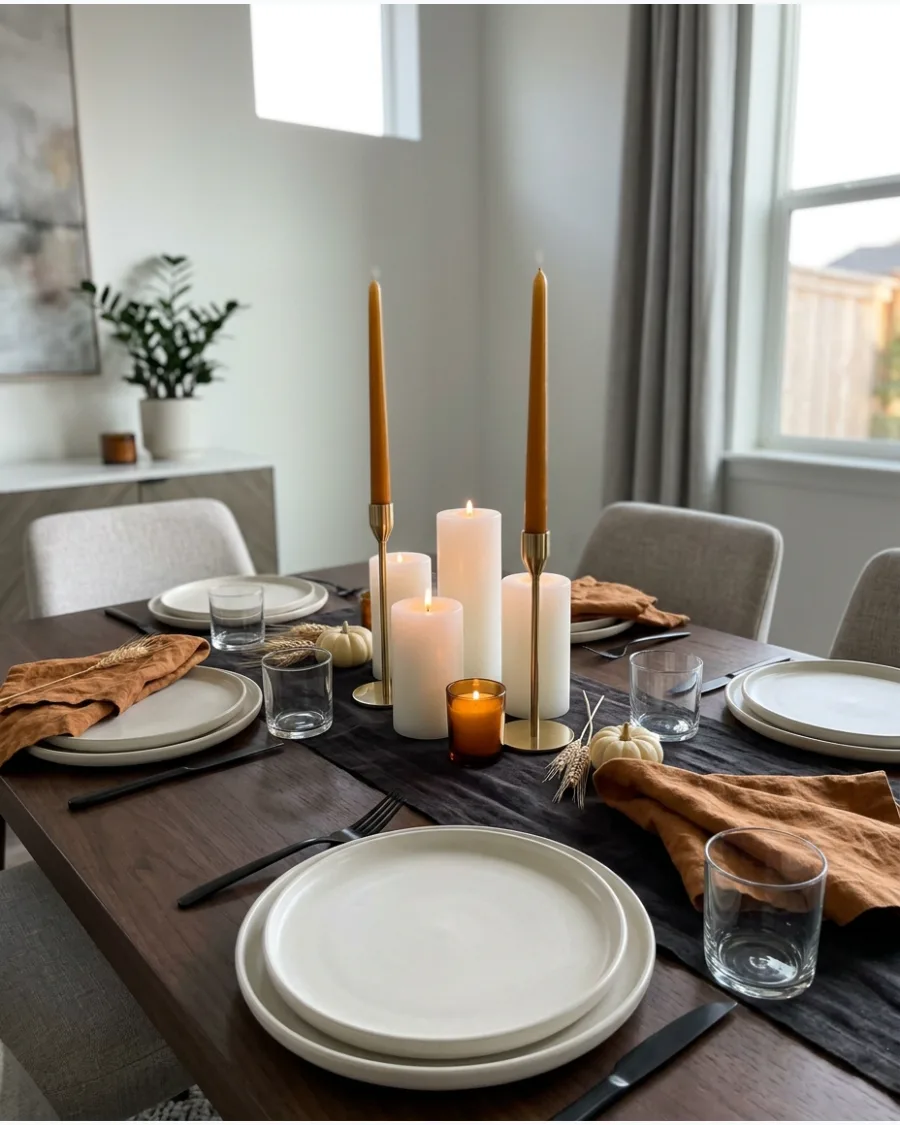 40. Modern Candle-Only Thanksgiving Tablescape