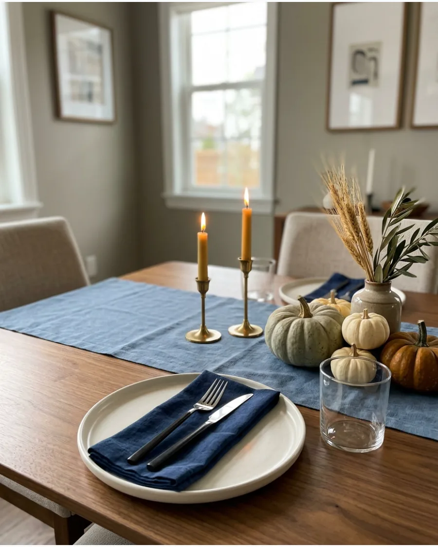 43. Modern Blue and Brown Thanksgiving Tablescape