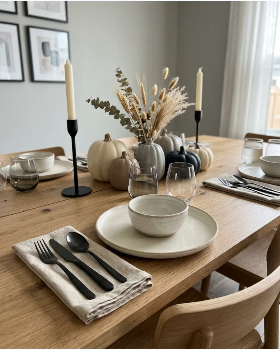 44. Modern Black and Warm Neutral Thanksgiving Tablescape