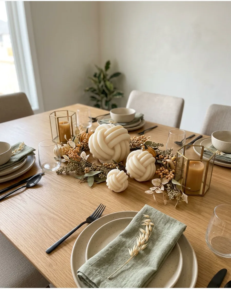 5. Modern Beige Thanksgiving Tablescape With Sculptural Candles