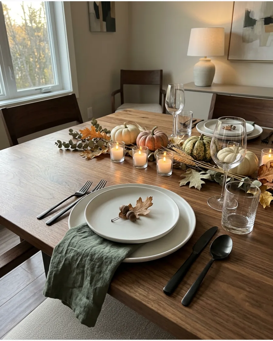 9. Modern Natural Wood Thanksgiving Tablescape